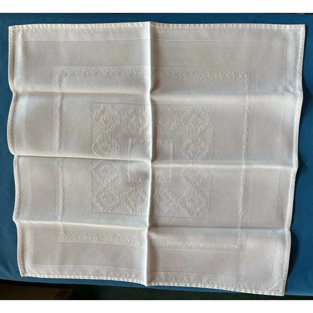 Vtg Set of 12 White Damask Linen Dinner Napkins Country Geometric 15